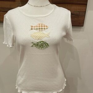 White Fish Appliqué Women's T-Shirt Size Medium Unique!